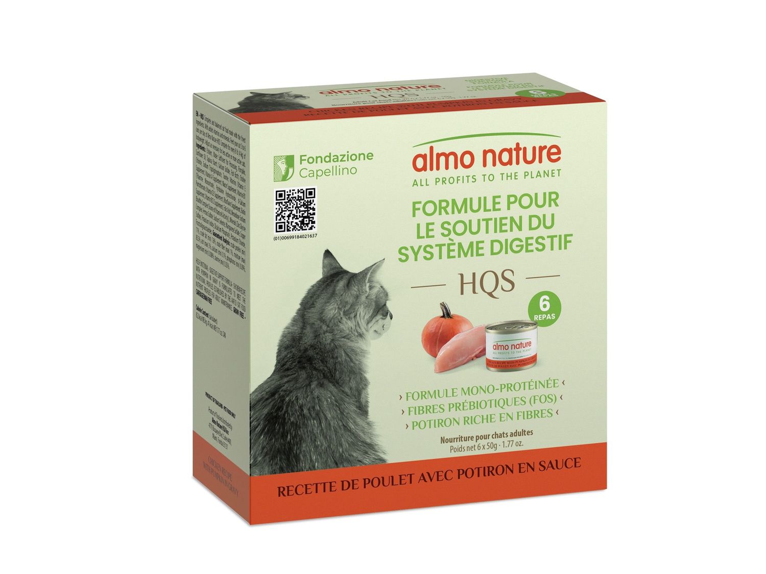 Almo HQS - Nourriture humide pour chat, Soutien digestif / Poulet + Potiron en sauce - Boîte 6x50 g