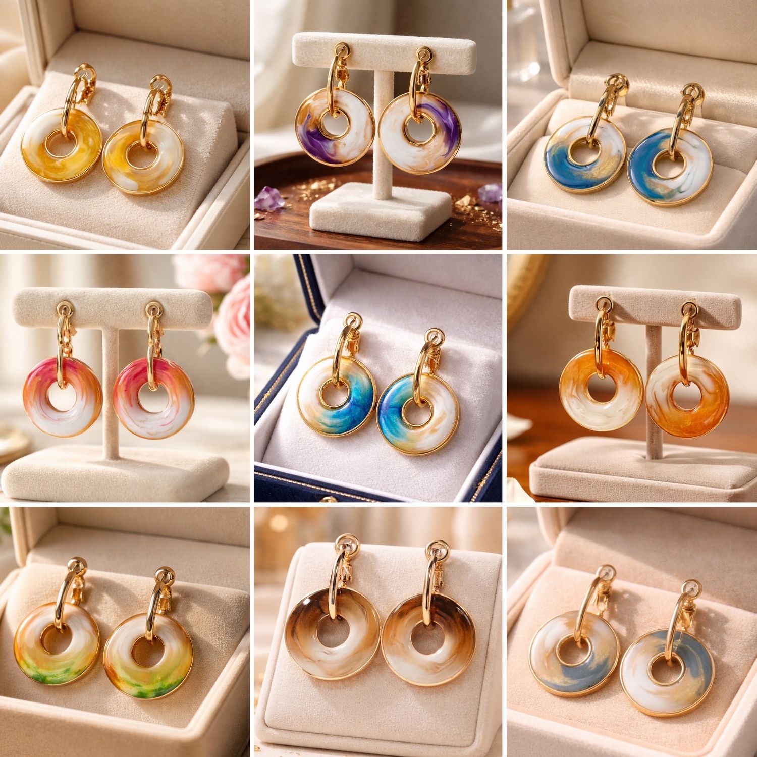 Pack de créoles en acier inoxydable doré et donuts interchangeables en résine artisanale