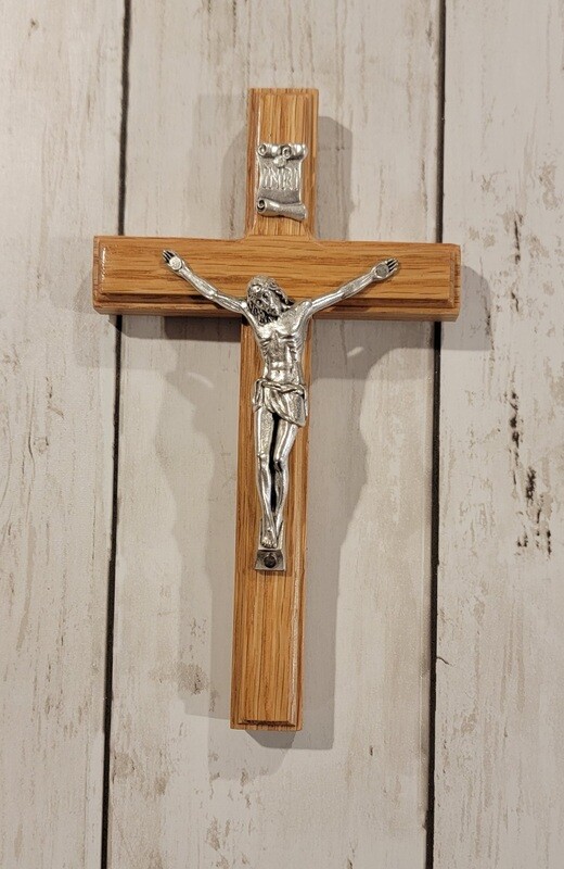 Oak Wood Crucifix Jesus On Cross INRI Metal Figure Simple 11" Made In Germany - Foto 13