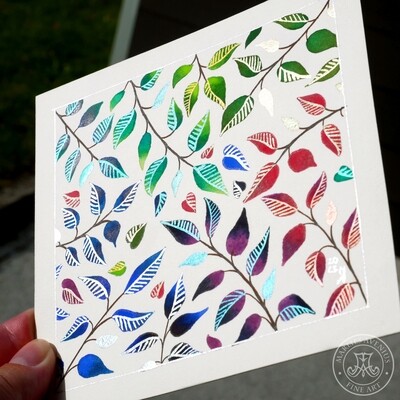 Aquarell „Blätter 2“ mit Metallic-Akzenten, 14,5x13,8 cm | Original