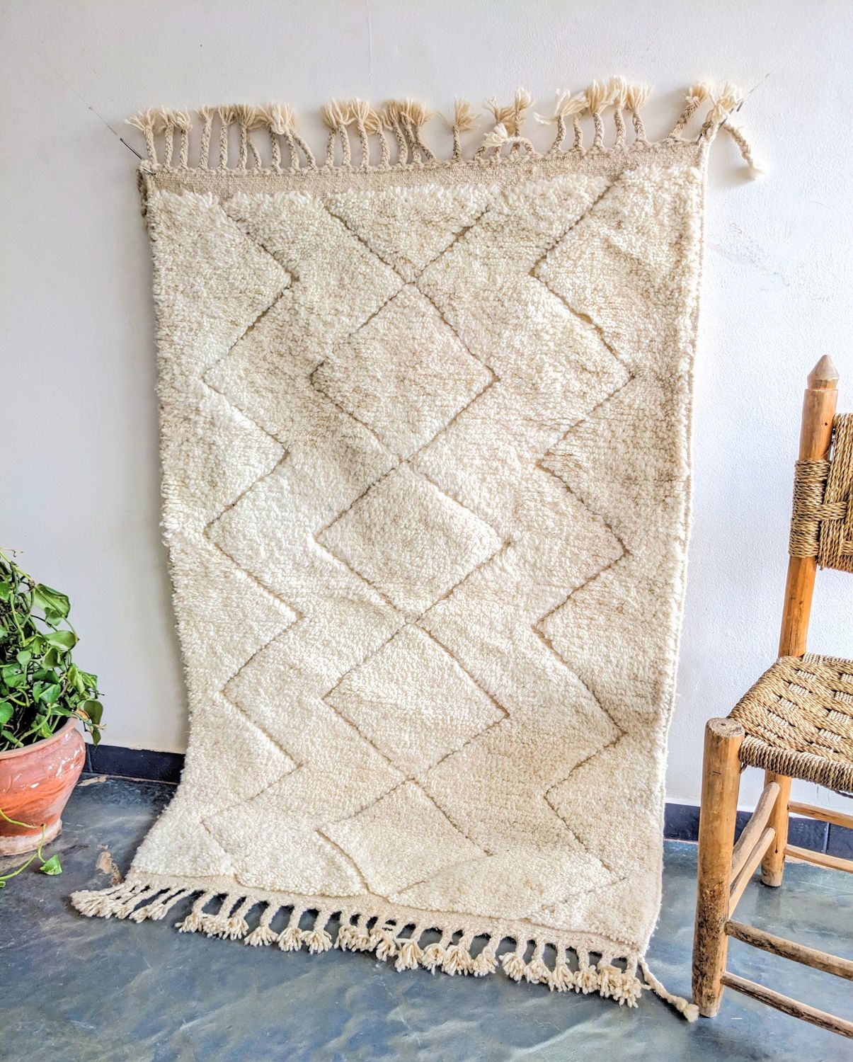 モロッコ 本物のベニワレンラグ 102×154-ホワイト-モロッコ直輸入