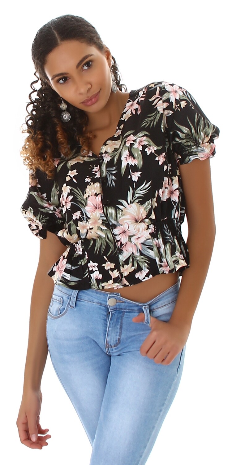 Sexy Crop Bluse Flower Print mit Knöpfen tailliert.