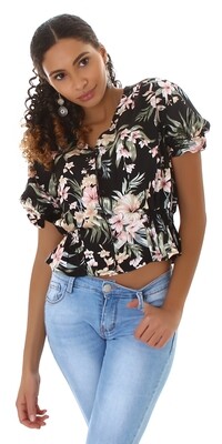 Sexy Crop Bluse Flower Print mit Knöpfen tailliert.