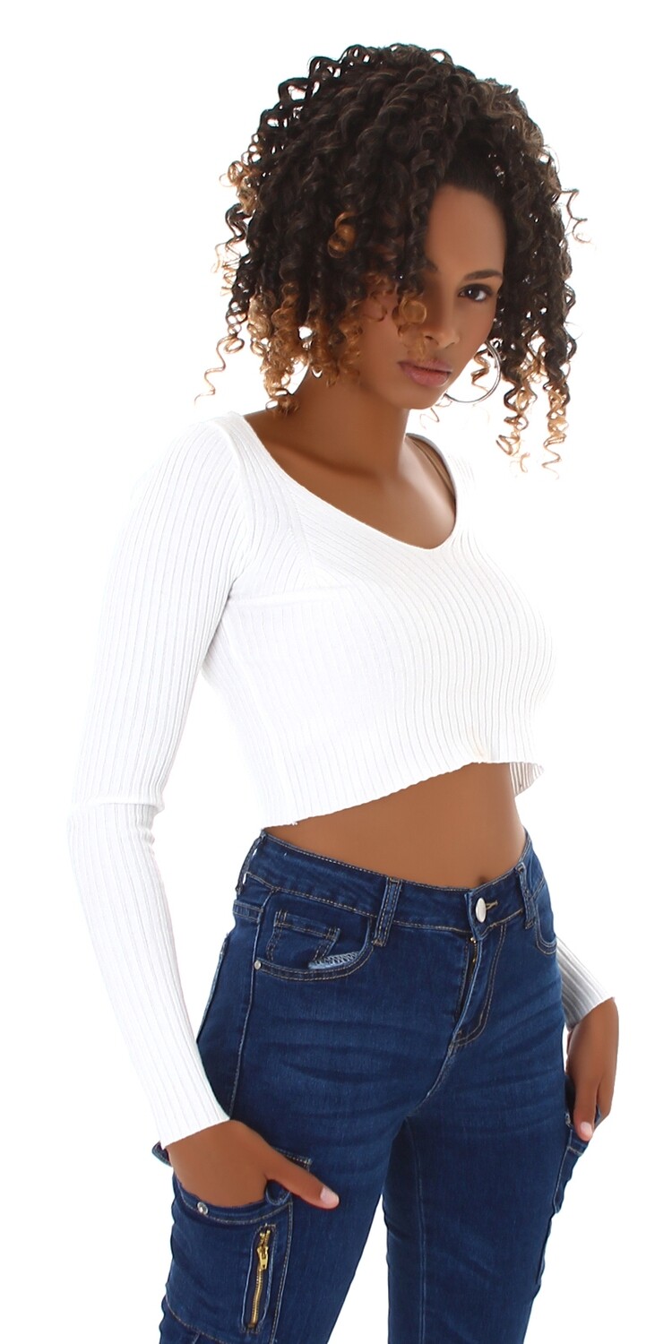 Sexy Feinripp Crop Pulli V-Ausschnitt
