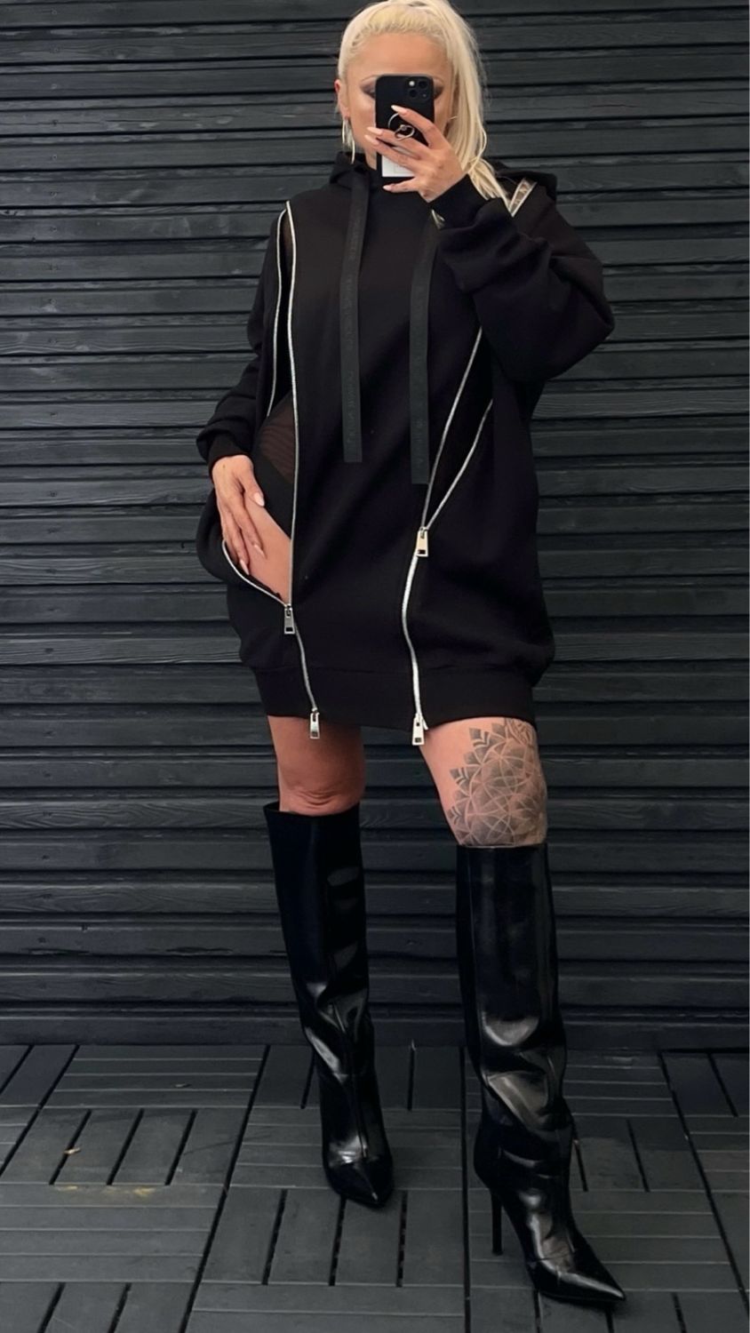 Sweatshirt Kleid mit Reißverschlüsse und Kapuze