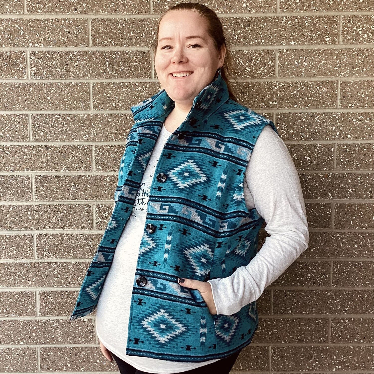 Ladies MontanaCo Pendleton Round-Up Turquoise Aztec Vest, size: S