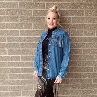 Ladies Roper Pendleton Round-Up Denim Fringe Long Sleeve Button-up