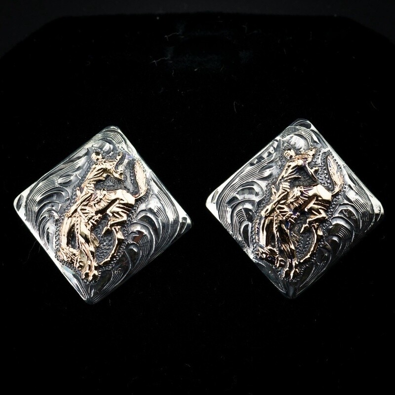 Pendleton Round-Up Vogt Diamond Shape Earrings w/ Gold Bucking Horse