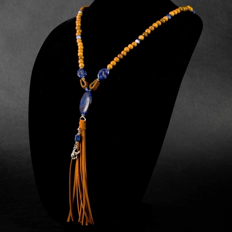 Pendleton Round-Up Sodalite Stone and Wood Bead Tassel Necklace