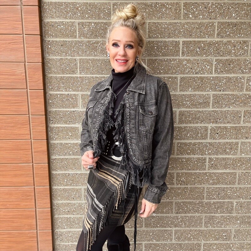 Ladies MontanaCo Pendleton Round-Up Black Denim Fringe Jacket