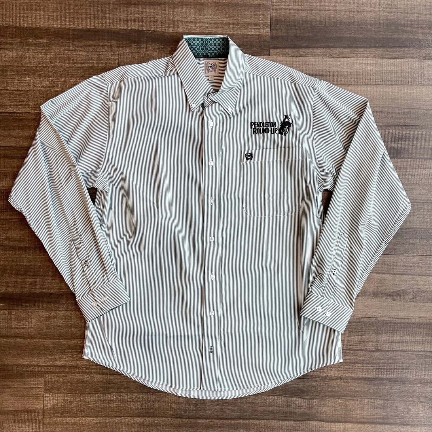 Men&#39;s Cinch Pendleton Round-Up Long Sleeve Green/White Pinstripe Button Up
