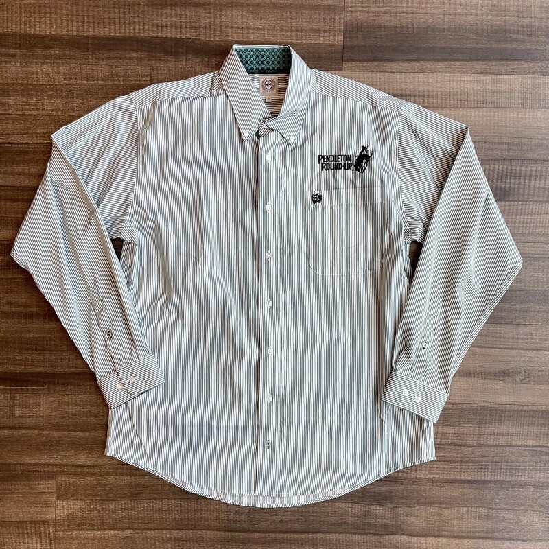 Men&#39;s Cinch Pendleton Round-Up Long Sleeve Green/White Pinstripe Button Up