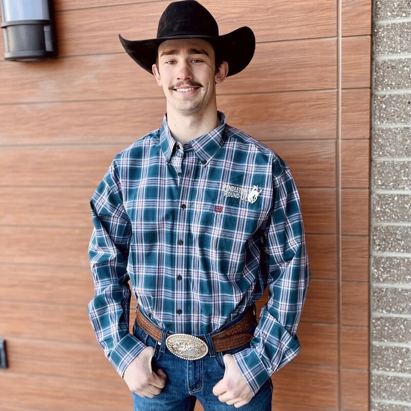 Men&#39;s Cinch Pendleton Round-Up Teal Plaid Long Sleeve Button Up