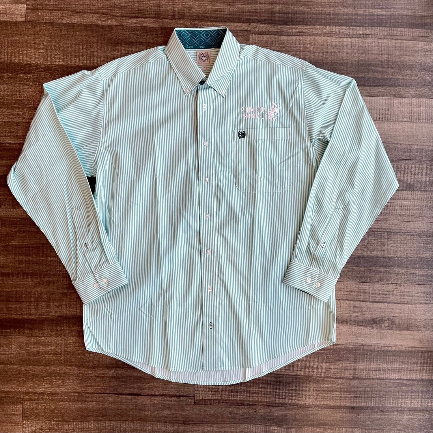 Men&#39;s Cinch Pendleton Round-Up Green/Teal Pinstripe Long Sleeve Button Up