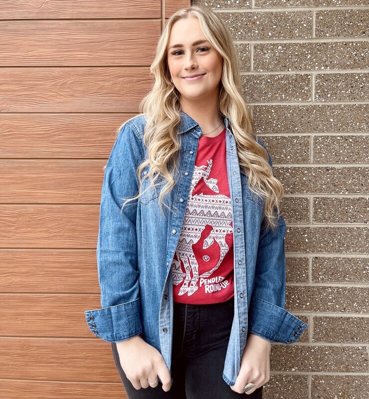 Ladies Cruel Pendleton Round-Up Denim Chambray Long Sleeve Snap