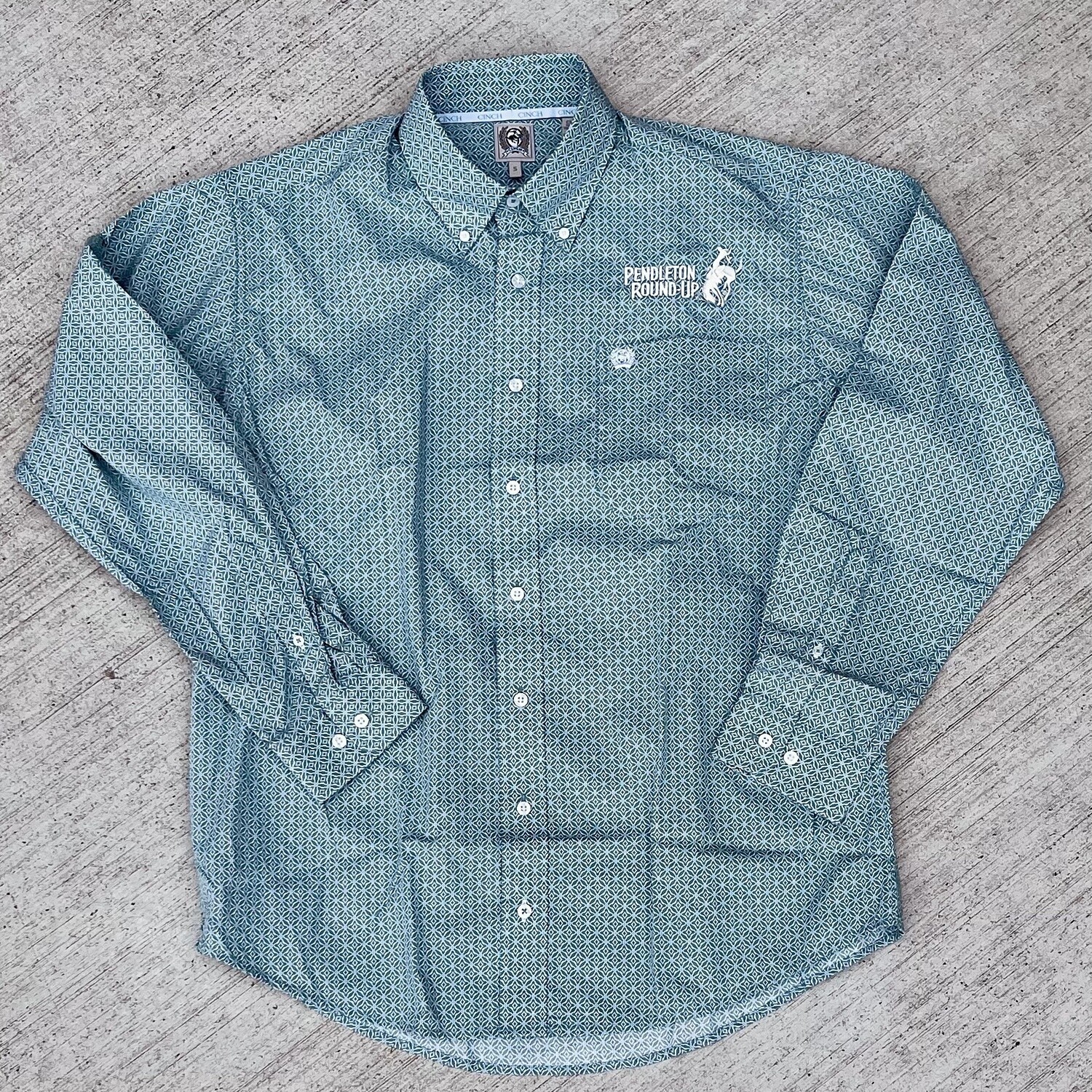 Men&#39;s Cinch Pendleton Round-Up Teal Diamond Long Sleeve Button Up, size: S