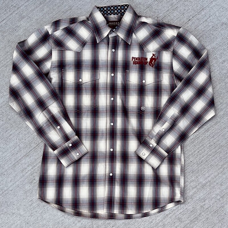 Men&#39;s Roper Pendleton Round-Up Gray Plaid Long Sleeve Snap