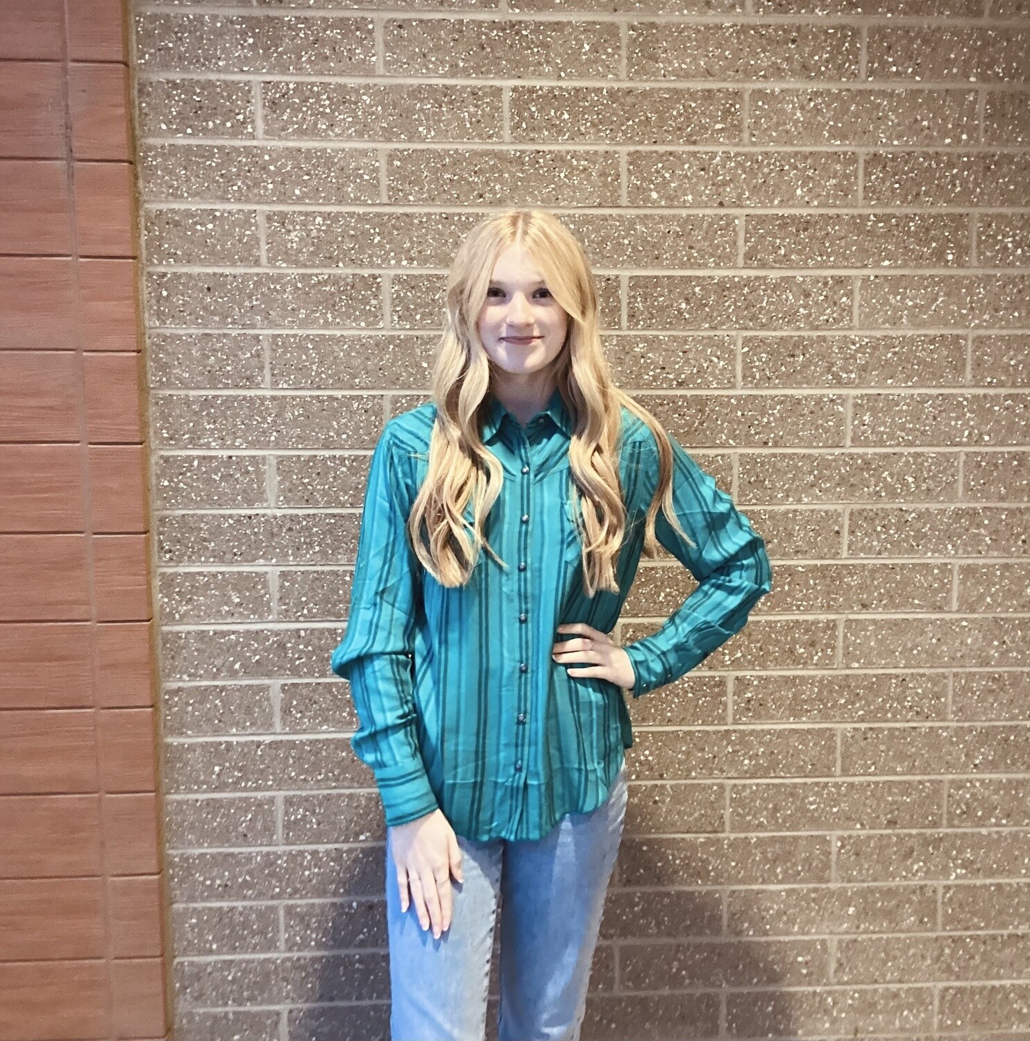 Ladies Cruel Pendleton Round-Up Teal Stripe Long Sleeve Snap, size: S