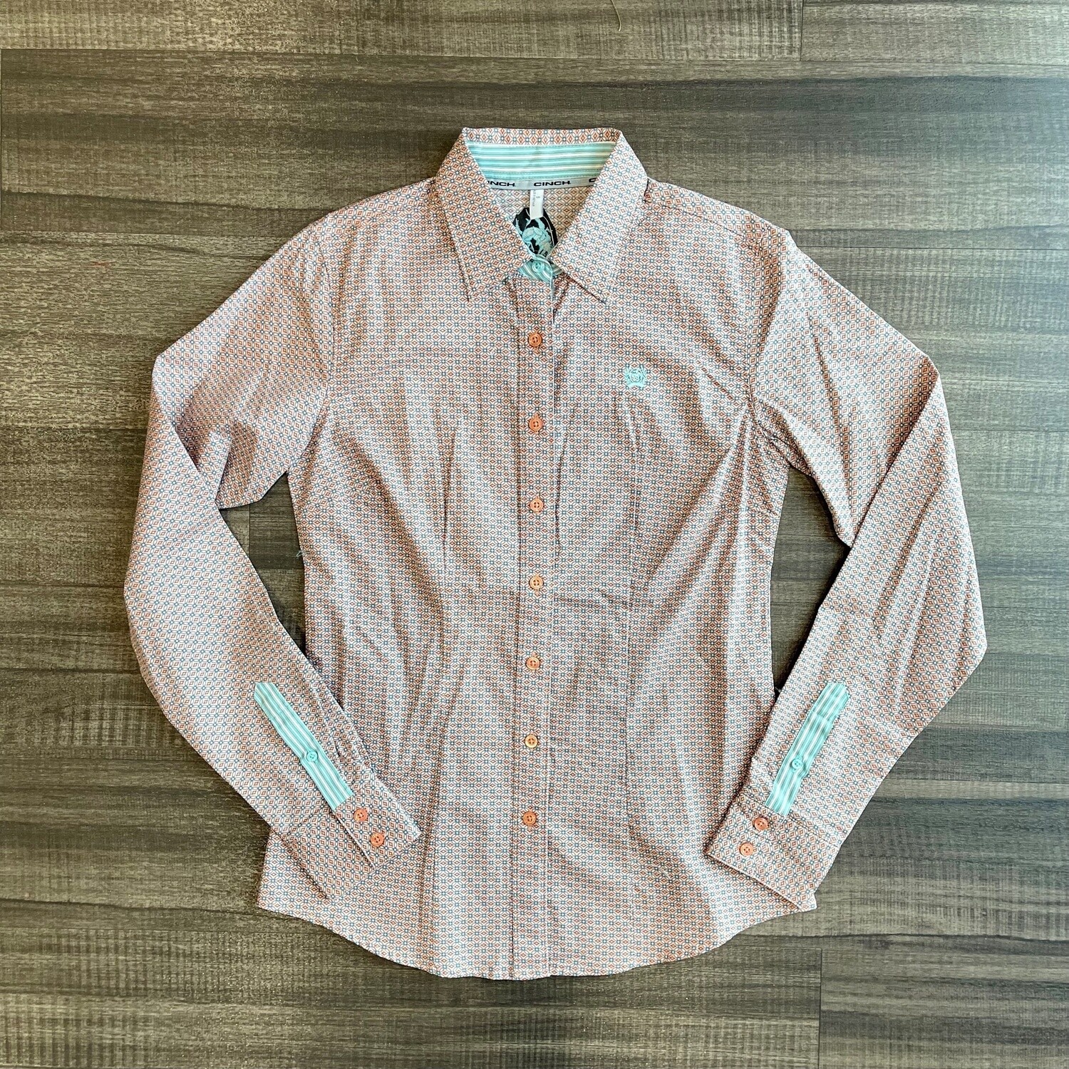 Ladies Cinch Pendleton Round-Up Coral Geo Long Sleeve Button Up, size: S