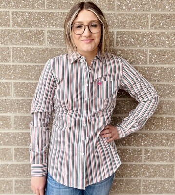 Ladies Cinch Pendleton Round-Up Green and White Pinstripe Long Sleeve Button Up