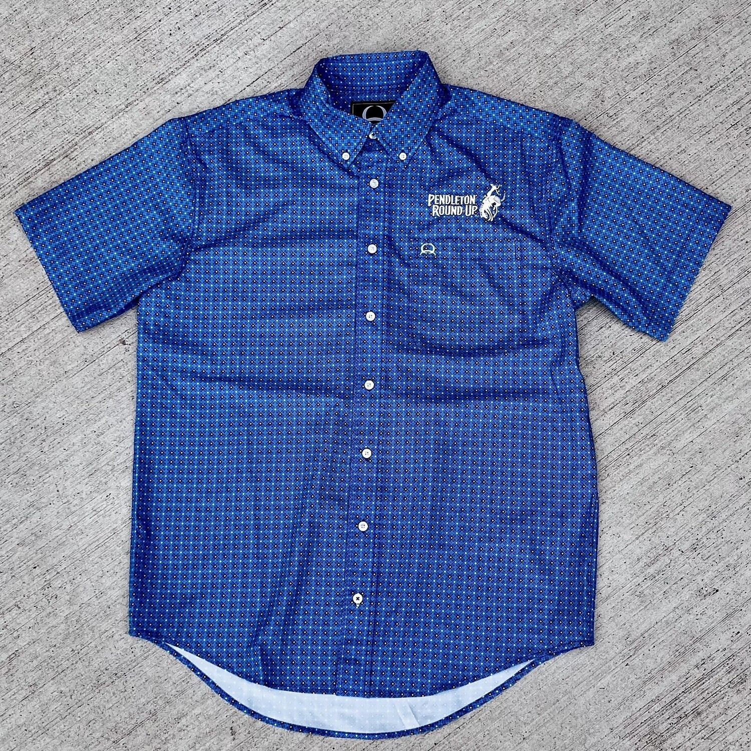 Men&#39;s Cinch Pendleton Round-Up Blue Geometric Arena Flex Short Sleeve Button Up, size: S