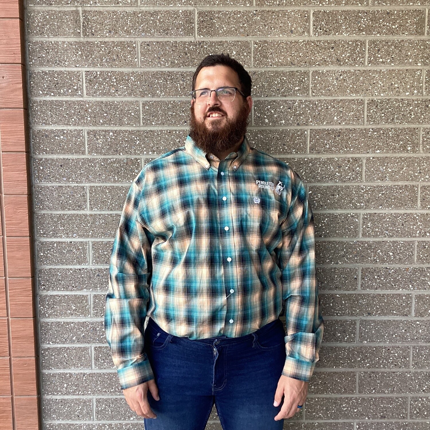 Men&#39;s Cinch Pendleton Round-Up Teal and Peach Plaid Diamond Long Sleeve Button Up