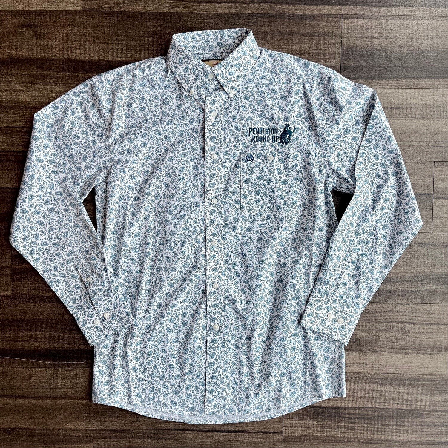 Men&#39;s Wrangler Pendleton Round-Up Teal Paisley Long Sleeve Button