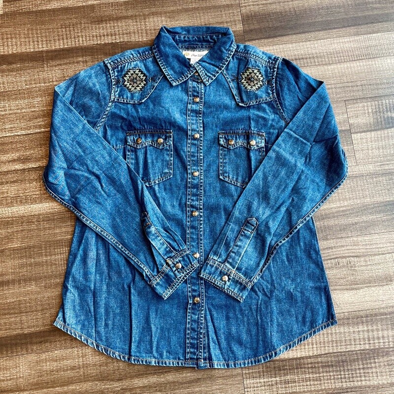 Ladies Montana Co. Pendleton Round-Up Blue Denim Aztec Long Sleeve Snap