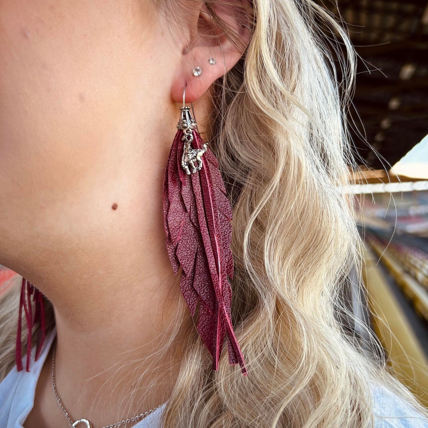 Pendleton Round-Up Red Leather Feather Earrings