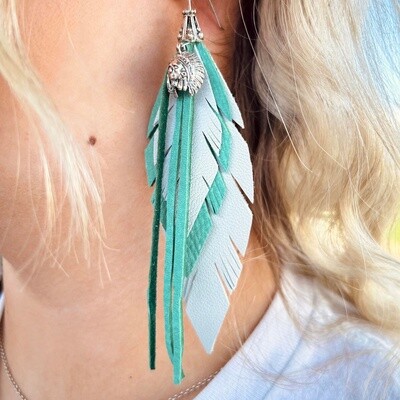 Happy Canyon Turquoise/ White Deerskin/ Pigskin Triple Leather Feather Earrings