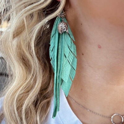 Happy Canyon Turquoise Deerskin Triple Leather Feather Earrings