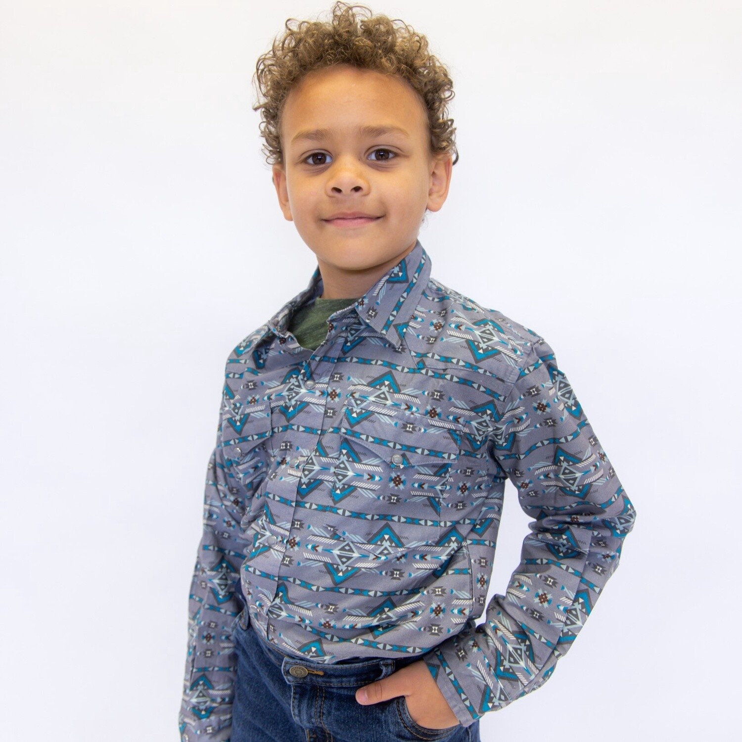 Youth Roper Pendleton Round-Up Aqua Aztec Long Sleeve Button Up