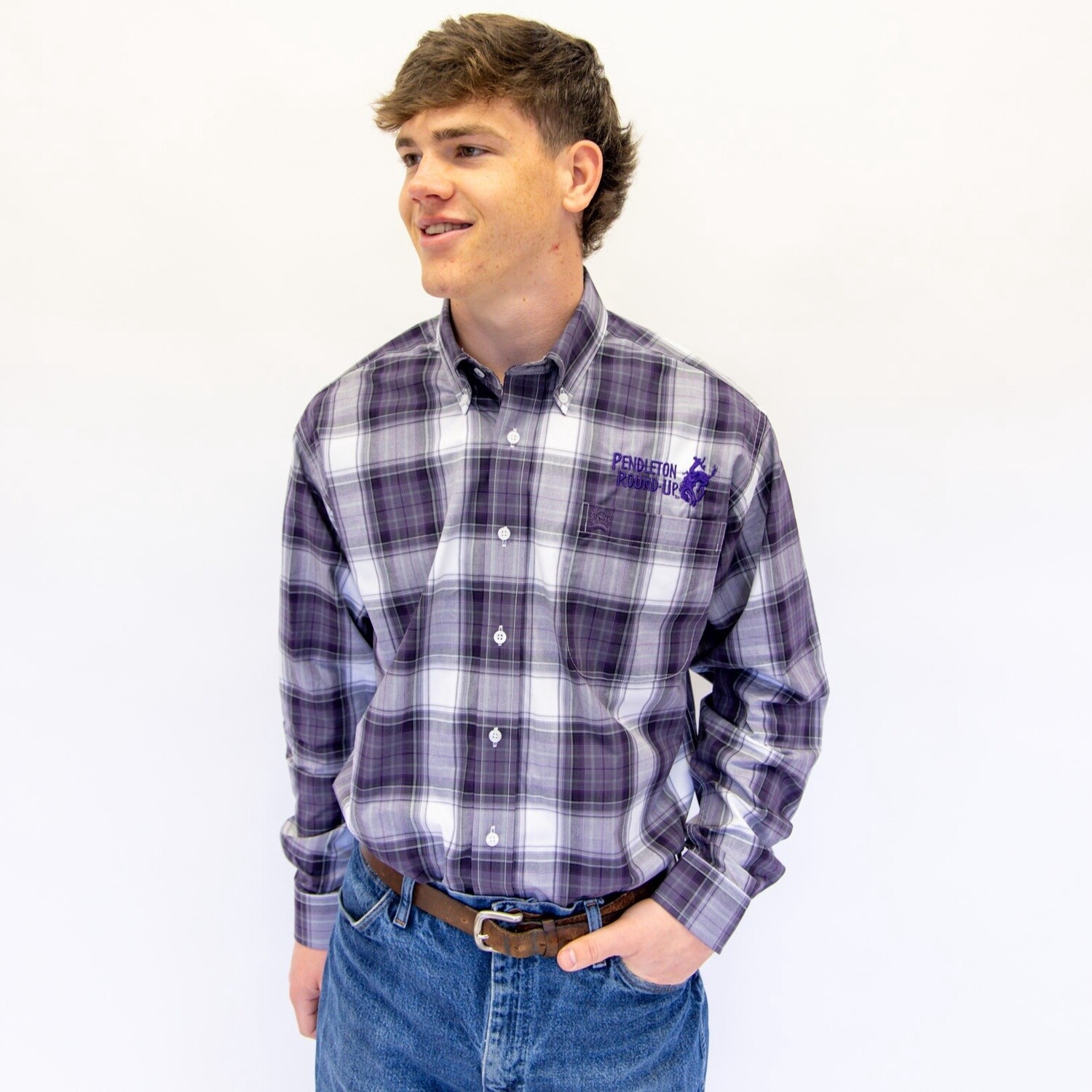 Men&#39;s Cinch Pendleton Round-Up Purple Plaid Long Sleeve Button Up