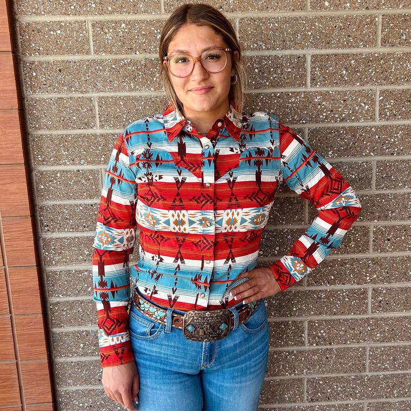 Ladies Wrangler Pendleton Round-Up Red Retro Long Sleeve Snap