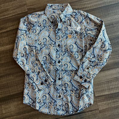 Youth Cinch Pendleton Round-Up Blue Orange Paisley Long Sleeve Button Up