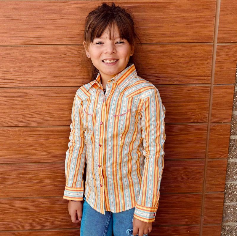 Youth Girls Cruel Pendleton Round-Up  Orange Blue Stripe Long Sleeve Snap