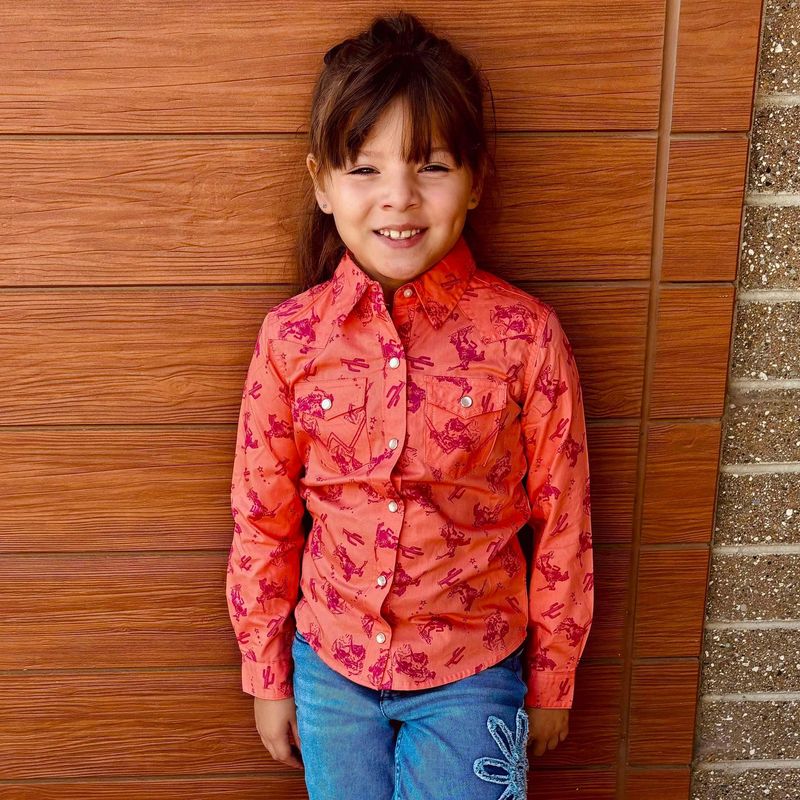 Youth Girls Wrangler Pendleton Round-Up Coral Long Sleeve Snap
