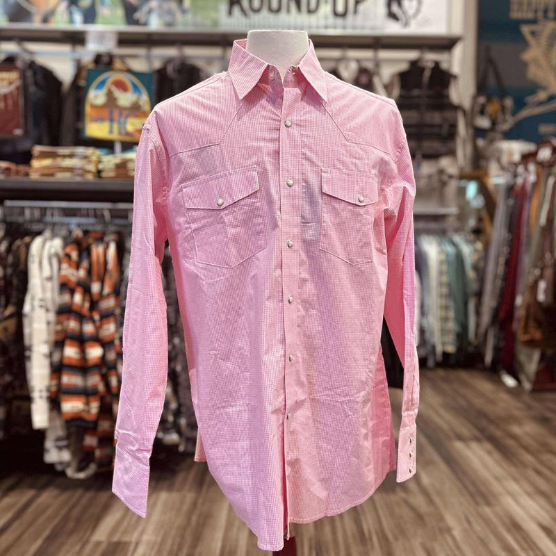 Men&#39;s Wrangler Pendleton Round-Up Pink and White Plaid Long Sleeve Snap