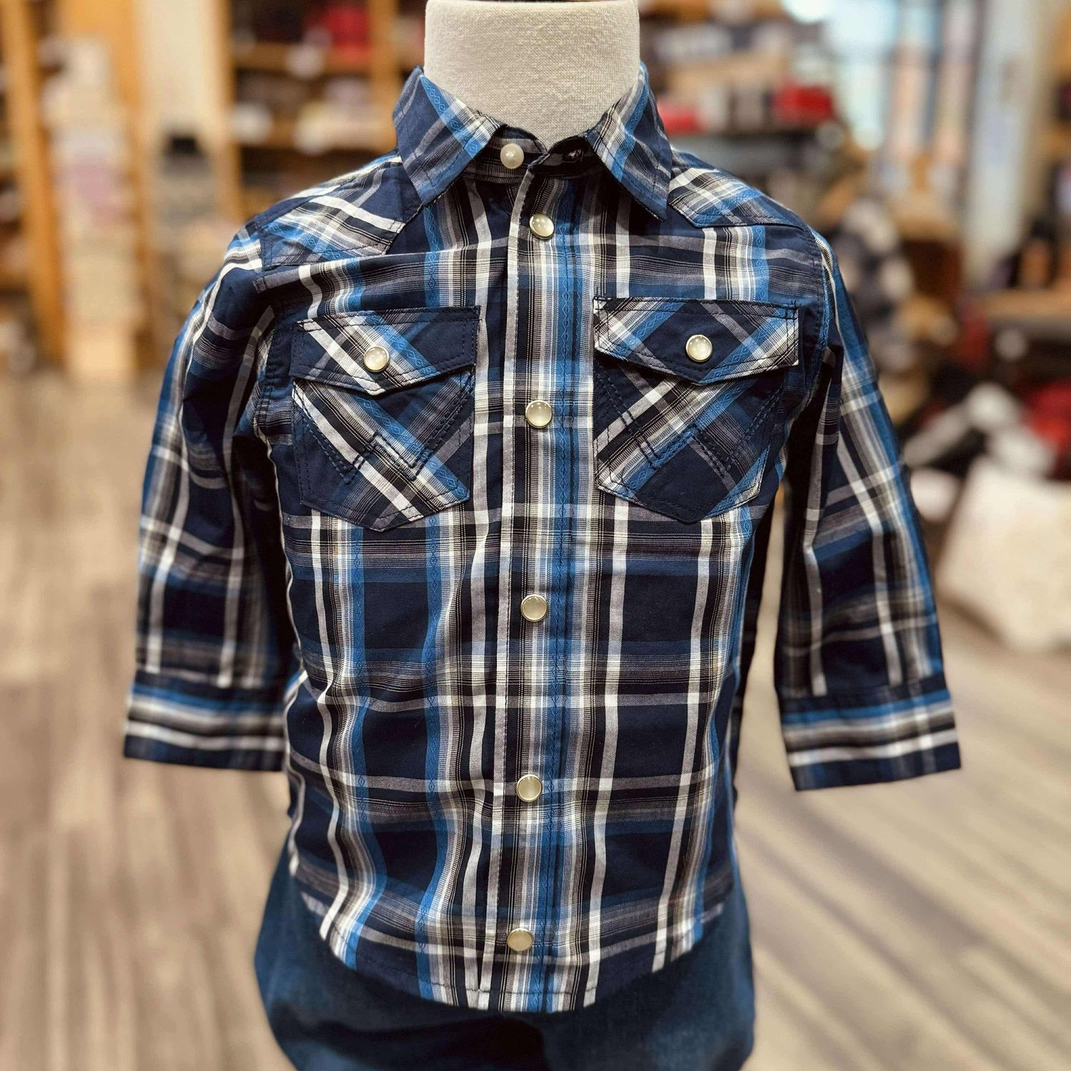 Toddler Wrangler Pendleton Round-Up Blue Plaid Long Sleeve Snap