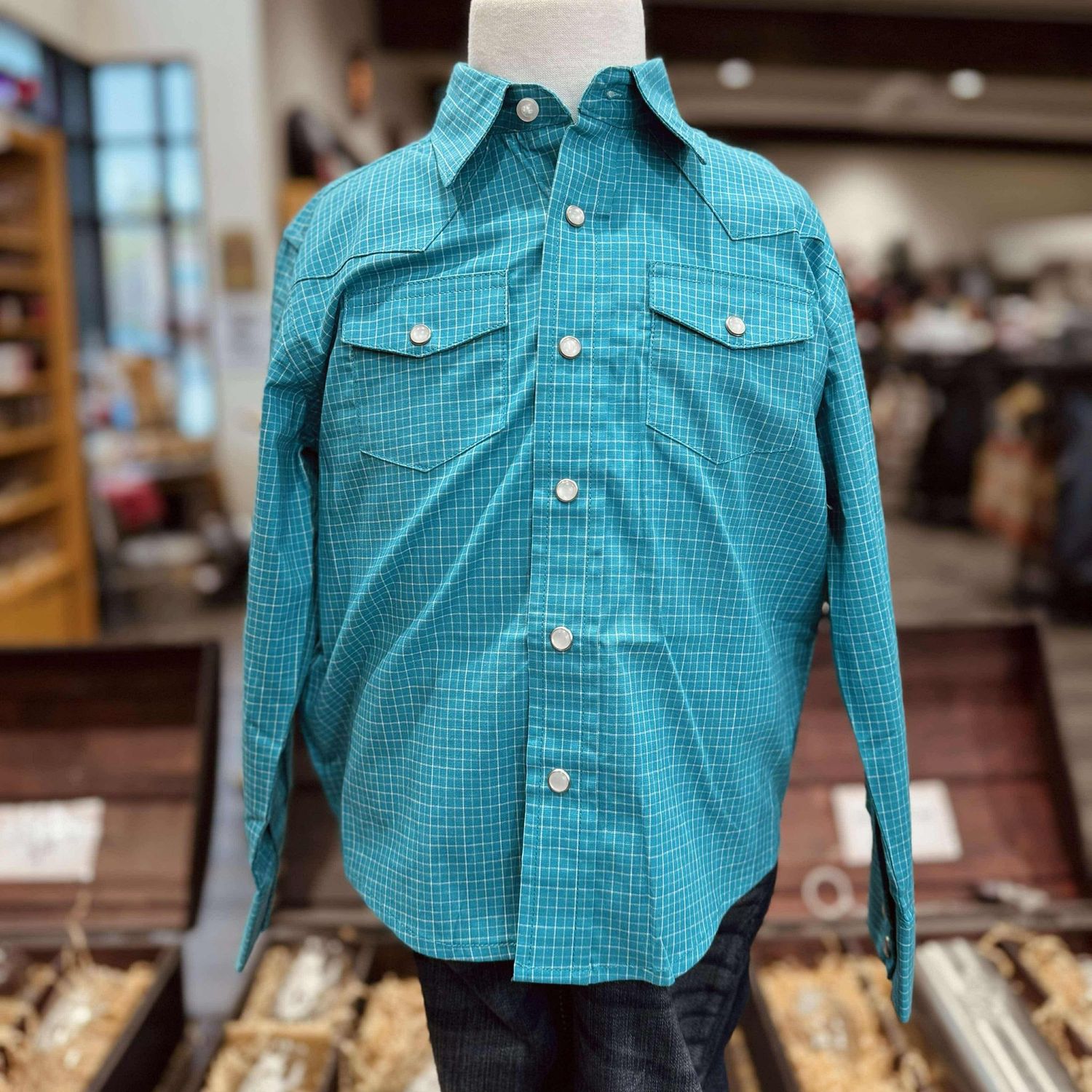 Youth Wrangler Pendleton Round-Up Teal Check Long Sleeve Button Up