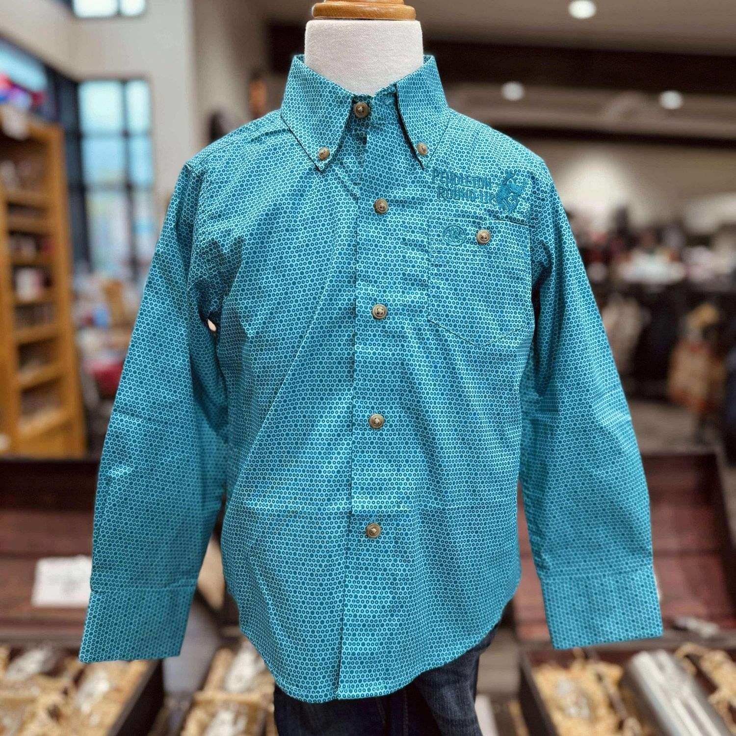 Youth Wrangler Pendleton Round-Up Blue Dot Long Sleeve Button Up