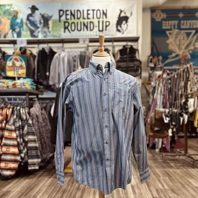 Men's Wrangler Pendleton Round-Up Blue Stripe Long Sleeve Button Up