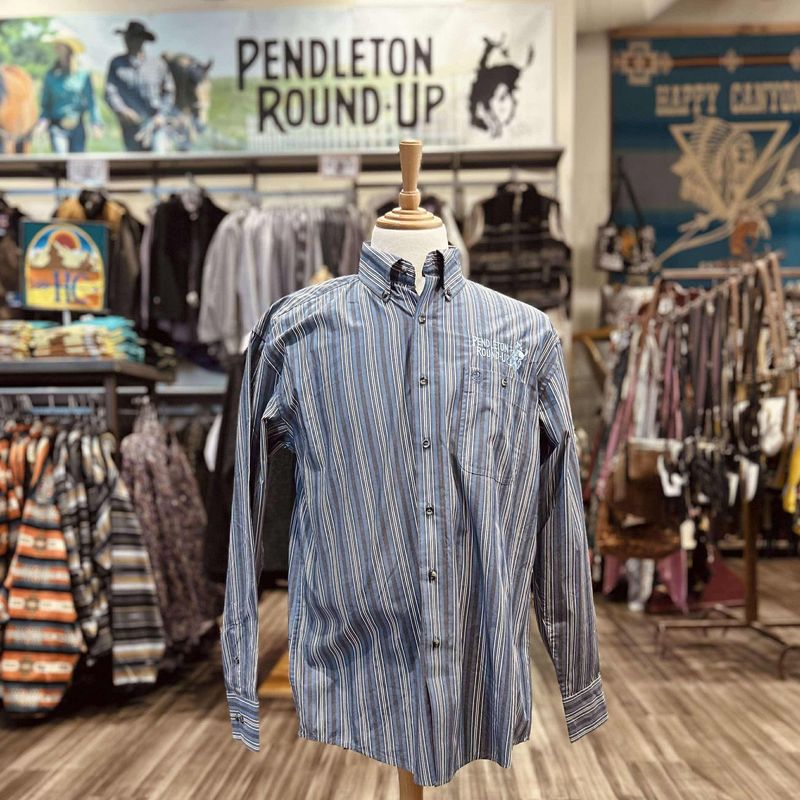 Men&#39;s Wrangler Pendleton Round-Up Blue Stripe Long Sleeve Button Up