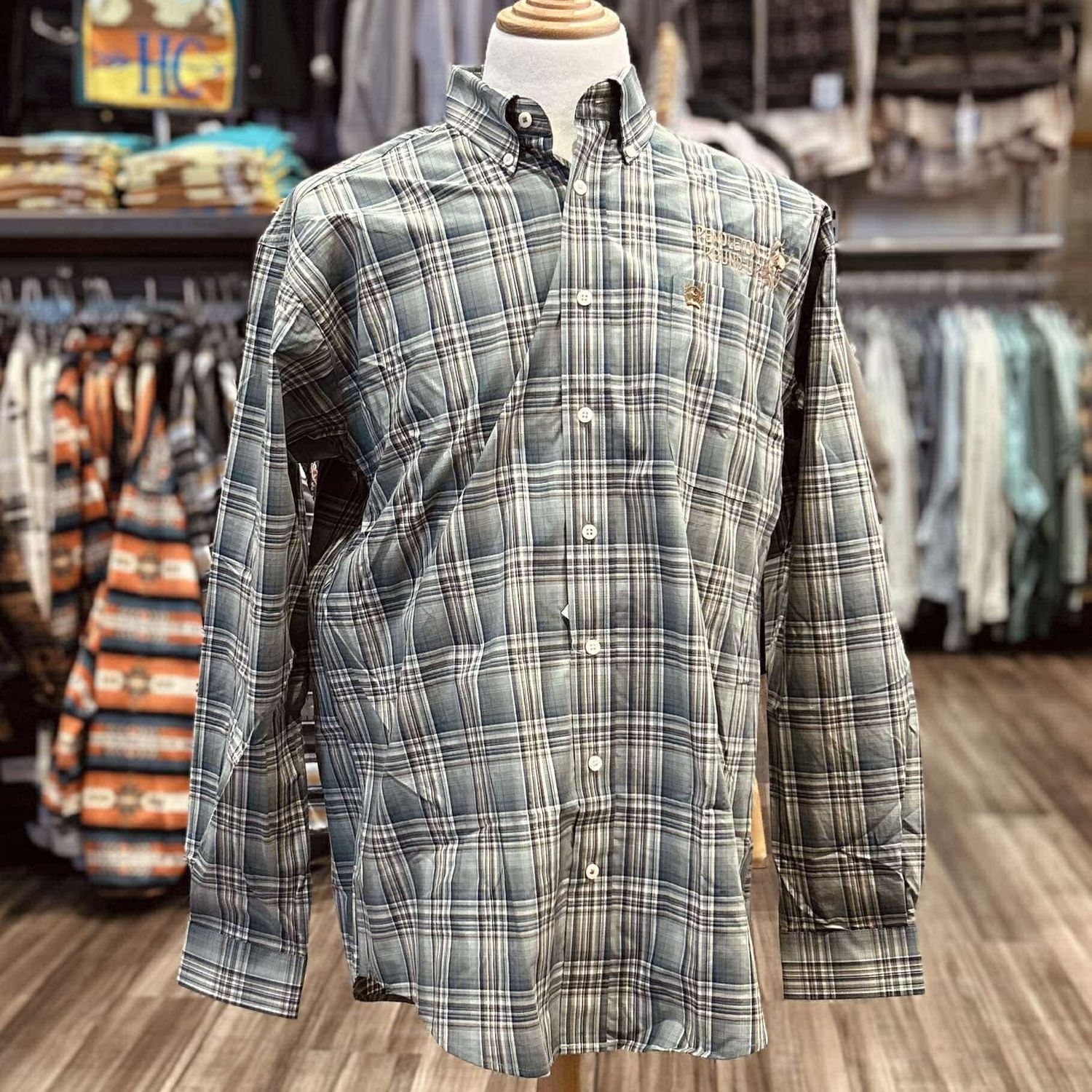 Men&#39;s Cinch Pendleton Round-Up Green Blue Plaid Long Sleeve Button Up