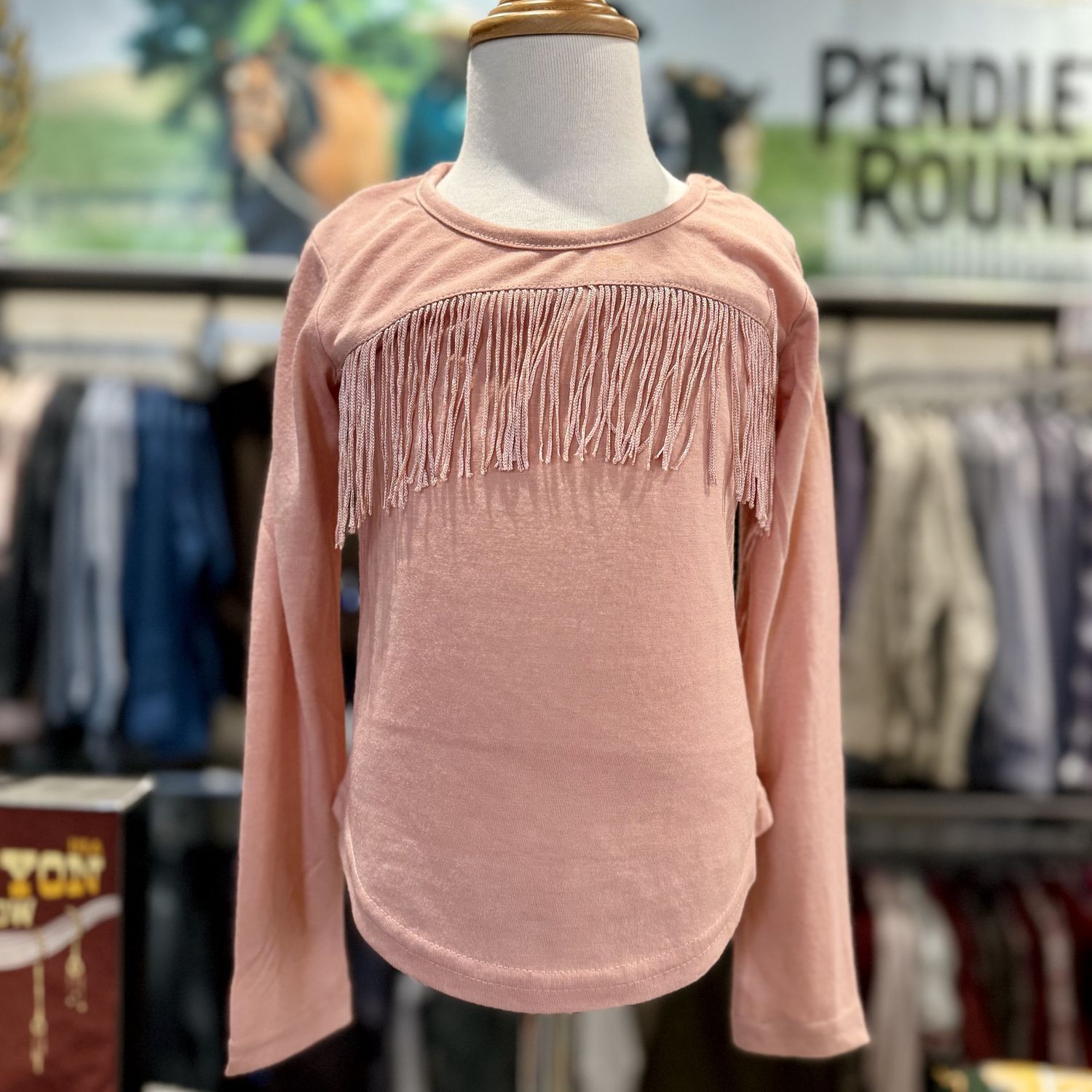 Youth Roper Pendleton Round-Up Pink Fringe Long Sleeve Tee