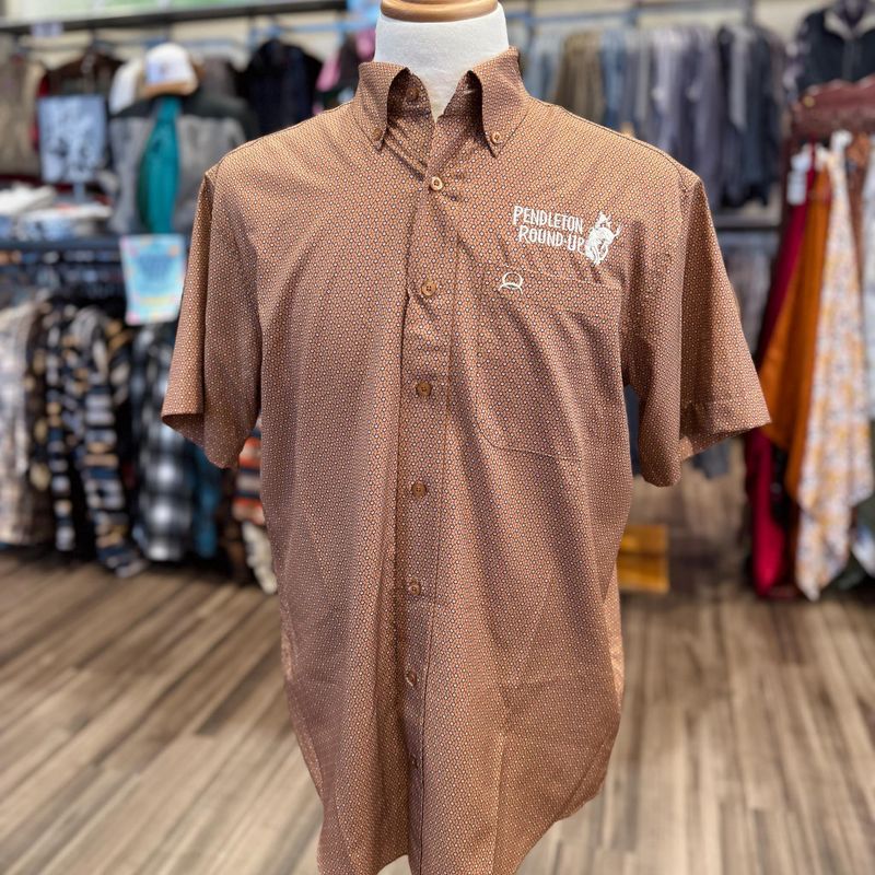 Men&#39;s Cinch Pendleton Round-Up Brown Arena Flex Short Sleeve Button Up