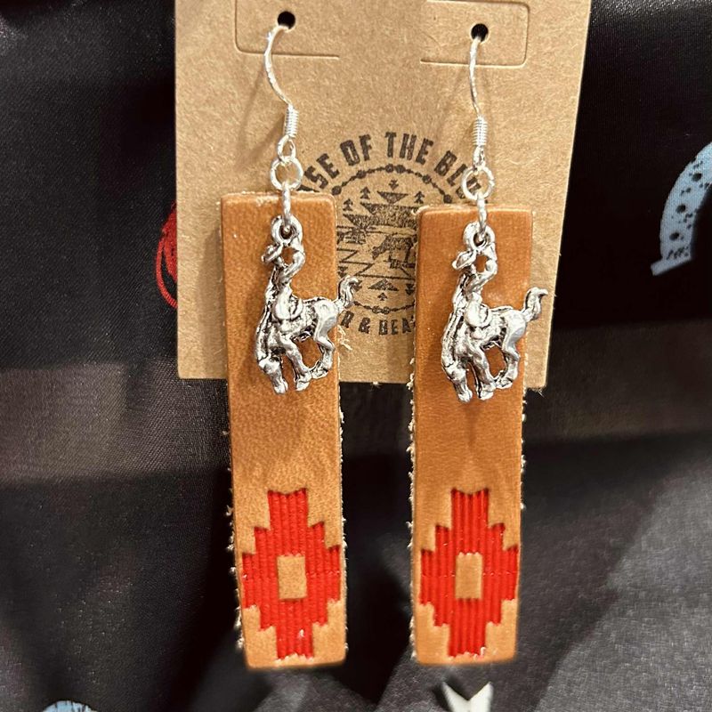 Pendleton Round Up Red Aztec Leather Earrings