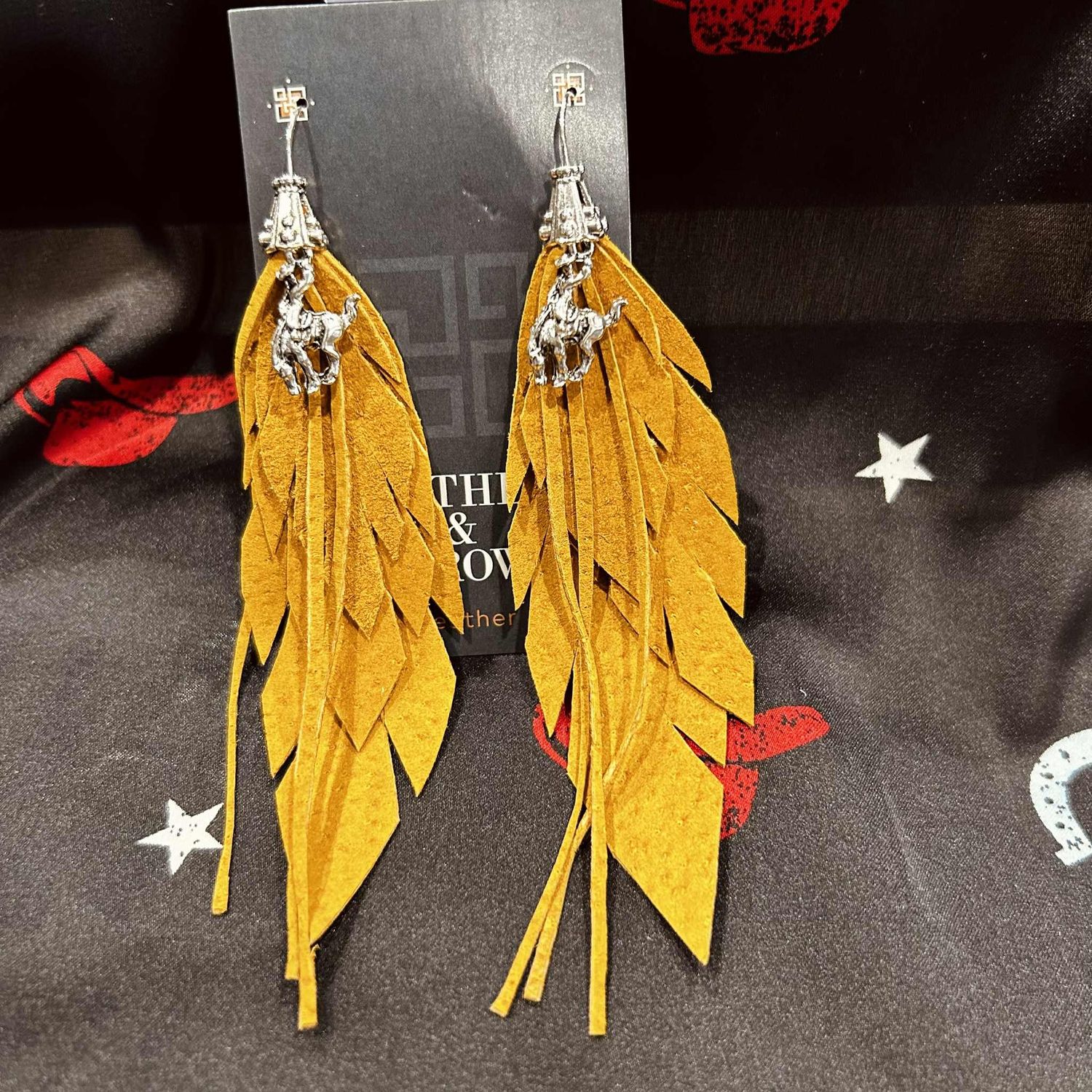 Pendleton Round-Up Mustard Leather Feather Earrings