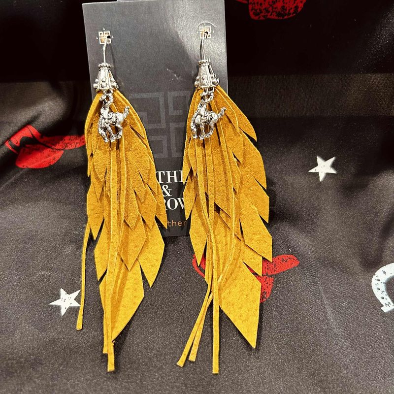 Pendleton Round-Up Mustard Leather Feather Earrings