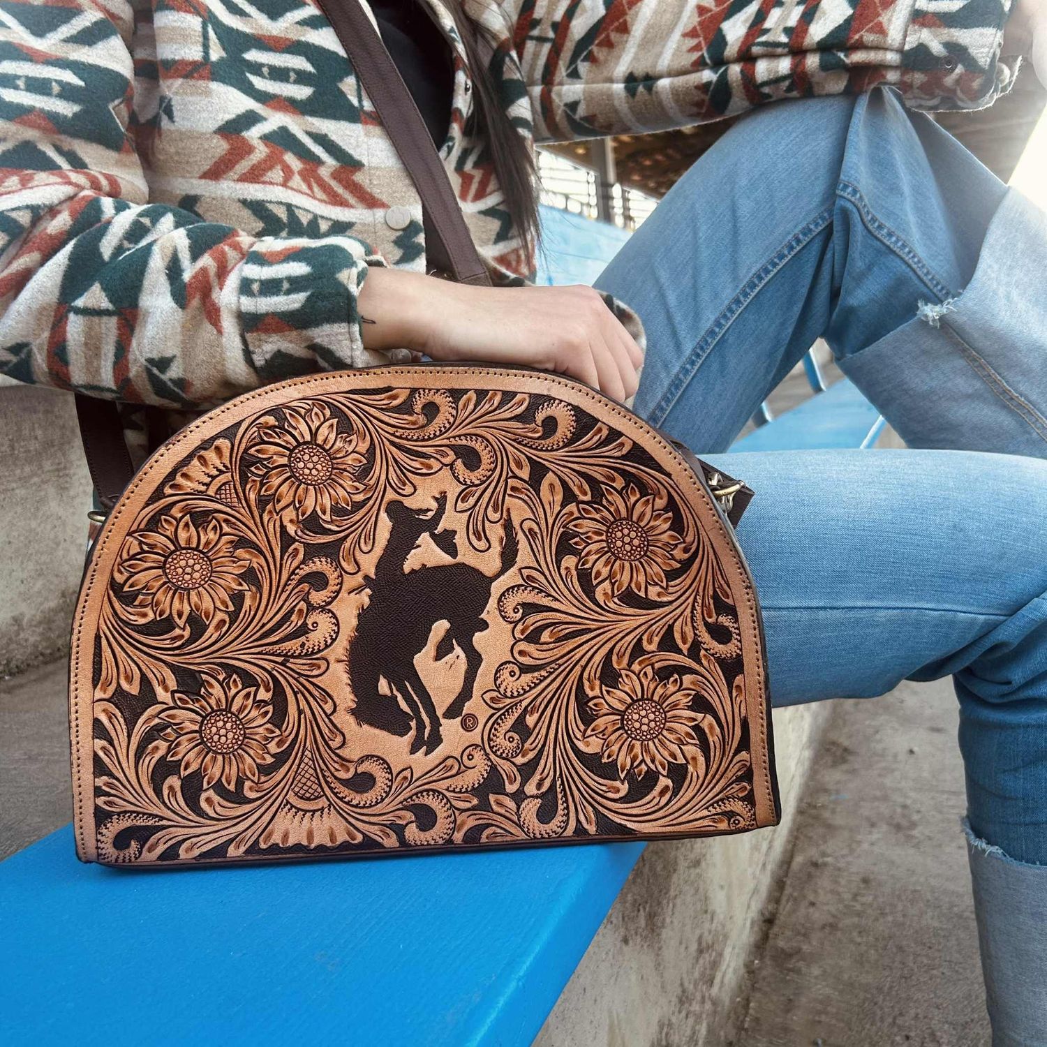 Pendleton Round-Up Half Circle Tooled Leather Crossbody Purse